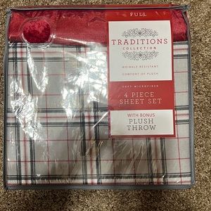 4 piece full size sheet set with bonus plush throw. New soft microfiber